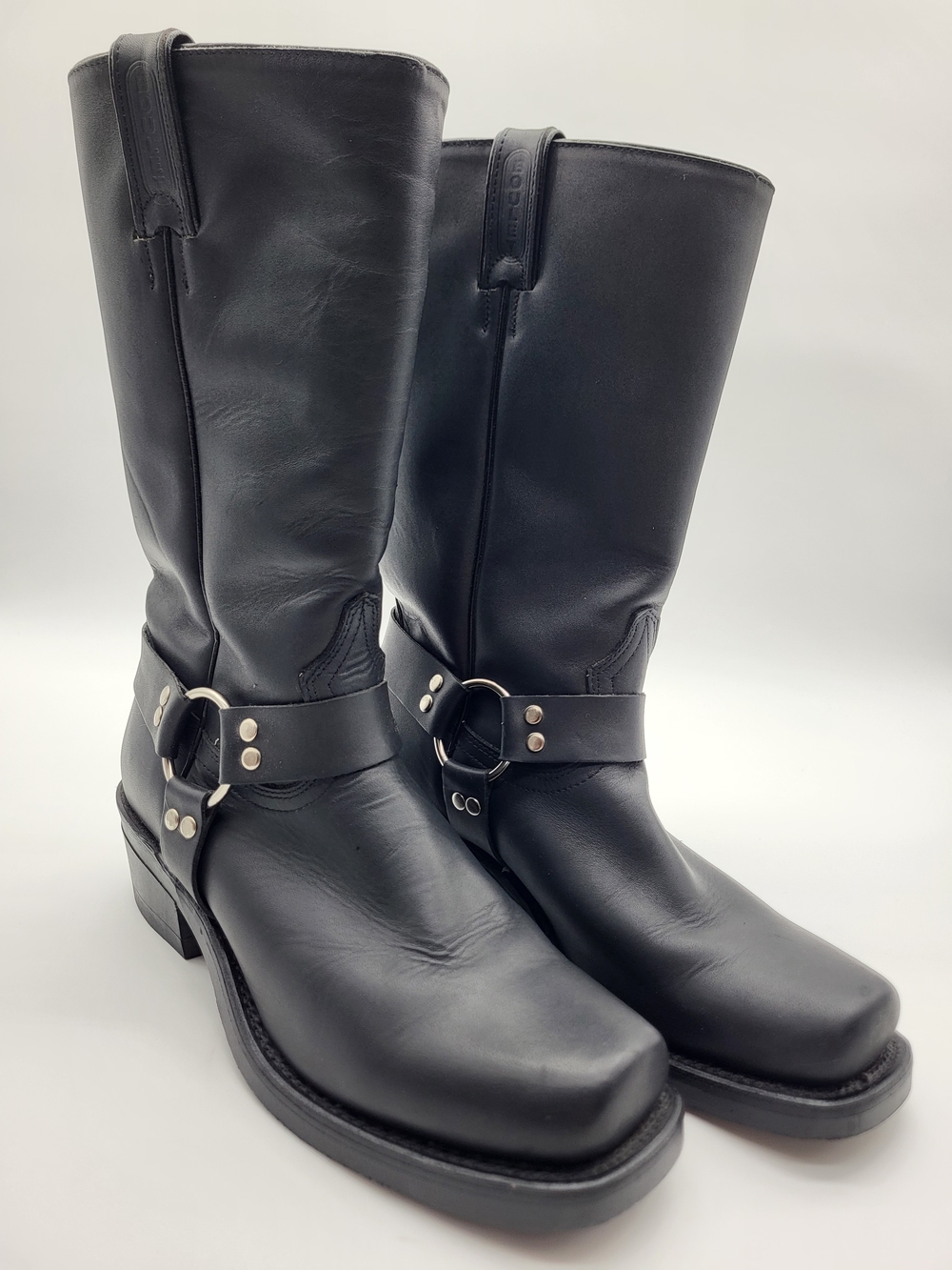 Men's Black Leather Harness Engineer Motorcycle Square Toe Boots